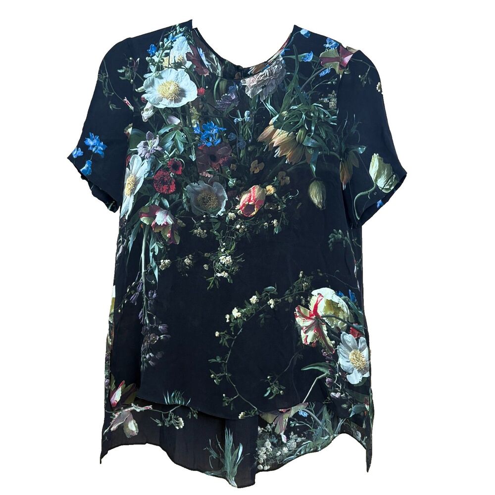 Adam Lippes 100% Silk Floral Printed High-Low T-Shirt Blouse Black Top Sz 2